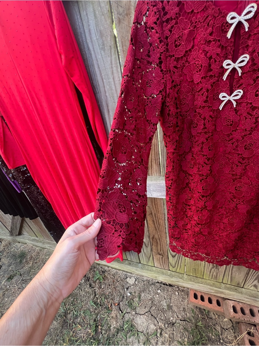 CeCe Mulberry Red Lace Dress with Bow Accents - Picture 8 of 12
